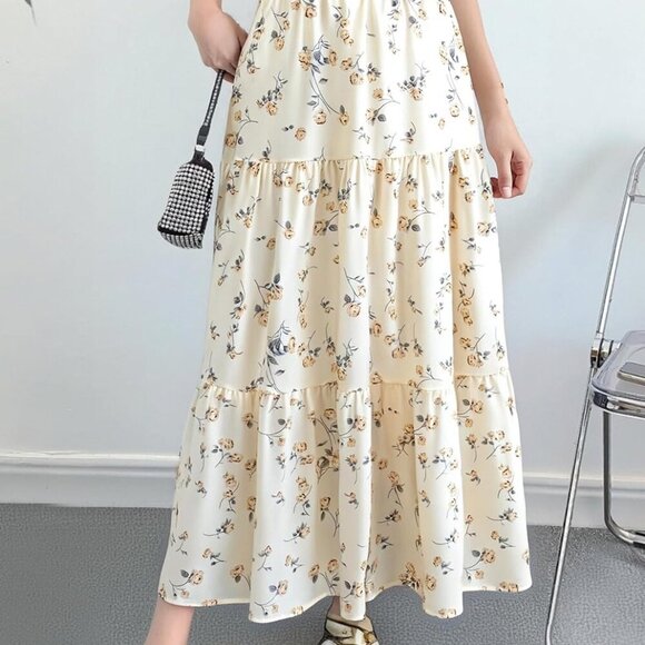 Maxi Skirt for Women Flowy Swing Tiered A-Line Fall Skirt Elastic High Waist Ple - Picture 4 of 8